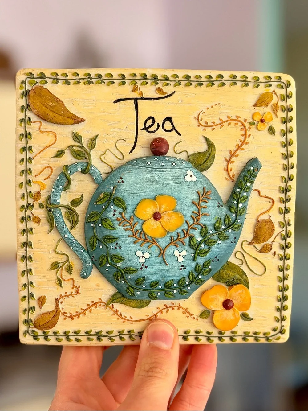 Cottagecore Floral 3D Textured Decorative Blue Teapot Wall Plaque - Tea Sign